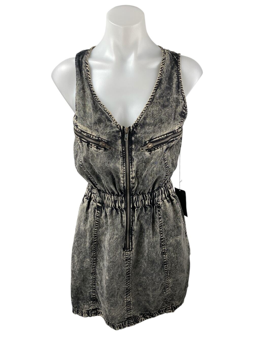 NEW Forever 21 Gray V-Neck Sleeveless Zip Up Mini A-Line Tank Denim Dress Size S
